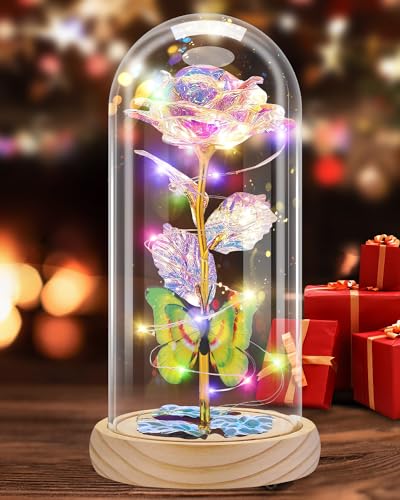 Otlonpe Preserved Artificial Rose Flower Lamp, Forever Women Gifts for Birthday Christmas Valentines Mothers Day, 7.7'' Glass Rose Wood Base Butterfly, Gifts for Mom Grandma Daughter Wife Girlfriend - color: Wood Colorful