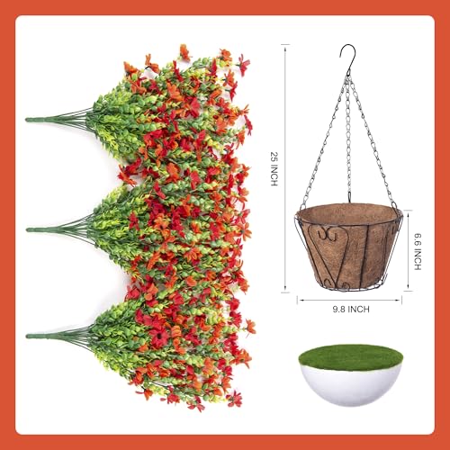 INXUGAO Artificial Hanging Flowers Plants with Basket for Outdoors, Realistic Faux Silk Daisy Flower Eucalyptus for Spring Decor, UV Resistant Fake Plants for Porch Patio Yard Balcony(Red Orange) - color: Z-red Orange