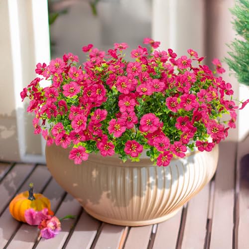 LikSoor 16 Bundles Artificial Flowers Outdoor Spring Summer Decoration Fake Silk Colorful Daisy Eucalyptus Realistic UV Resistant Outside Faux Plants for Garden Porch Window Box Home Decor (Rose Red) - color: Rose Red