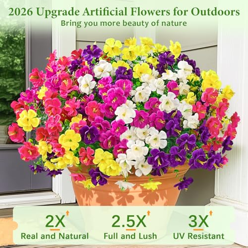 MARTINE MALL 24 Bundles Look Real Artificial Flowers for Outdoors, Realistic Fake Outdoor Flowers, UV Resistant Silk Flowers for Outside Faux Flowers Plants for Outdoor planters Porch, Mixed Color - color: Fushia&purple&red&yellow&rose Red, size: 24 Bundl