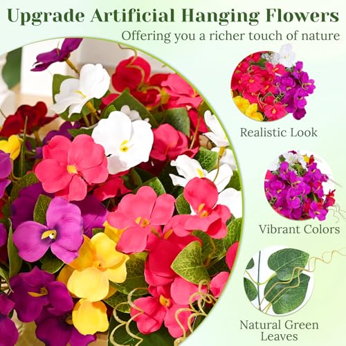Dolicer Look Real Artificial Hanging Flowers for Outdoors, Realistic Artificial Flowers for Outdoors Basket UV Resistant Fake Hanging Flowers Plants for Porch Patio Balcony Garden - color: Yellow+fuchsia+purple+white, size: 1PACK