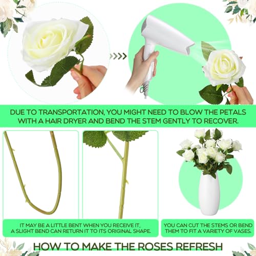 Hotop 80 Pcs Rose Artificial Flowers Bulk with Long Stem, Silk Roses Realistic Fake Flowers Bouquet for Wedding Table Centerpieces Bridal Shower Party Home Decorations(White) - color: White