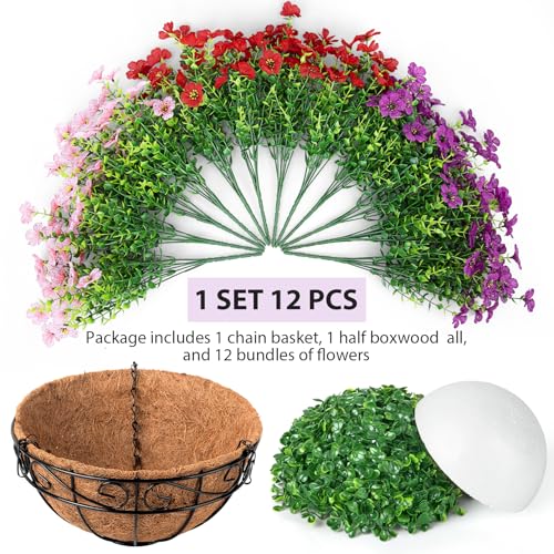 Artificial Fake Hanging Flowers Plants Basket Outdoors, Faux Silk UV Resistant Look Real Daisy Eucalyptus for Spring Summer Garden Porch Home Patio Balcony Yard Decorations, Red Purple Pink - color: Red and Purple and Pink