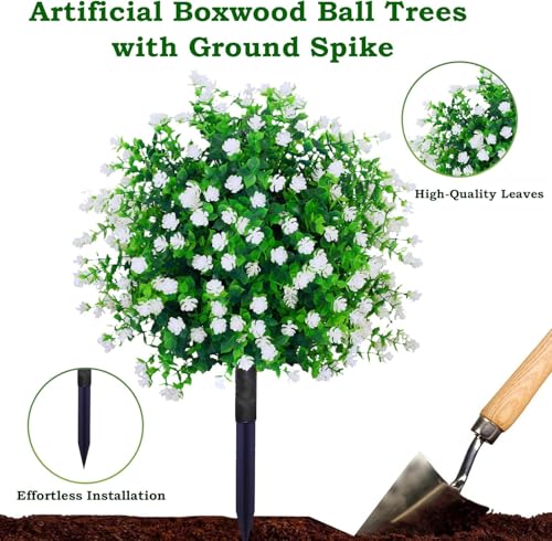 THKFUL Artificial Flower Ball Topiary Trees Outdoor Set of 2 - White Boxwood Ball Fake Plants with Ground Spike,23" Realistic Faux Shrubs UV Resistant for Front Pathway Porch Window Box Decor - style: White