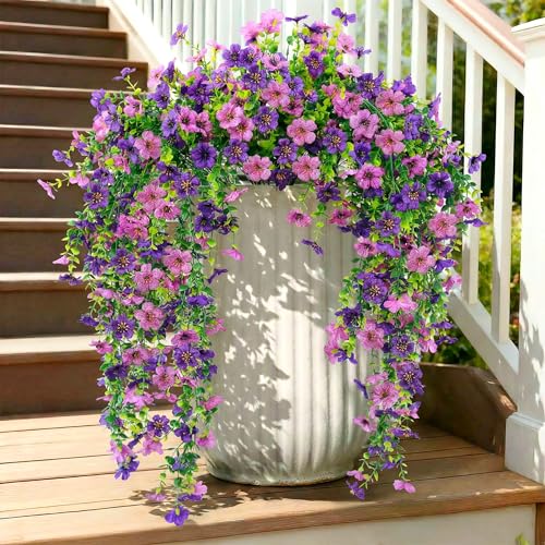 Kingsboomy 5PCS Artificial Faux Hanging Flowers Plants for Outdoor Decor,Fake Silk Daisy Flowers with Eucalyptus UV Resistant Realistic Vines for Home Porch Patio Balcony Yard Decor (Mixed Purple) - color: Mixed Purple