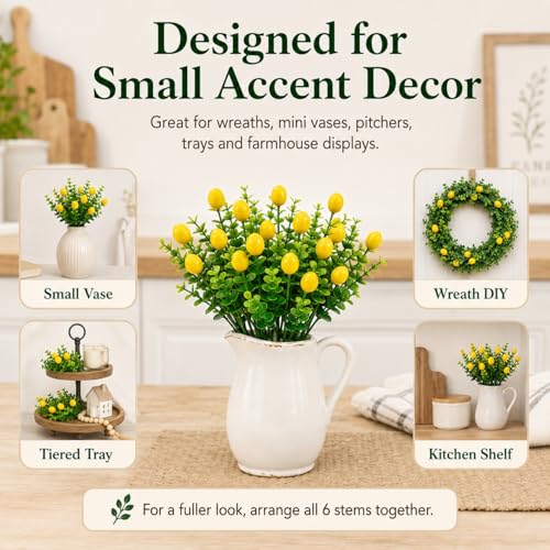 6 Pcs Artificial Lemon Branches Artificial Fruit Lemon Tree Greenery Decoration Faux Lemons Picks for Farmhouse Kitchen Home Table Decor Stem Fruits for Home Spring Summer Decor - color: Yellow