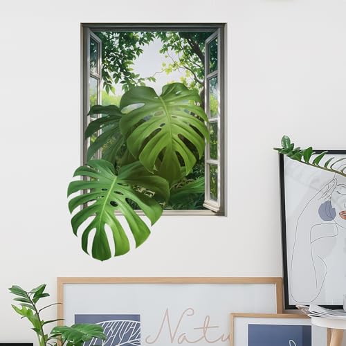 3D Monstera Leaves Fake Window Wall Stickers for Living Room Green Plants Jungle View Wall Decals Removable Peel and Stick Wall Art Home Decor Decoration for Bedroom Bathroom Classroom Library