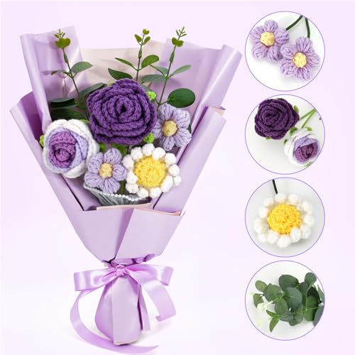 Omldggr Completed Crochet Flower Bouquet, Purple Handmane Knitted Bouquet, Rose Daisy Mix Crochet Bouquet Flowers for Mother's Day Graduation Birthday Wedding Valentine Day Gifts (with Card) - color: Purple-rose