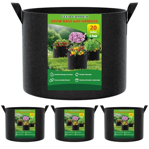 FEED GARDEN 20 Gallon Grow Bags 4 Pack – Heavy Duty 300G Thick Fabric Plant Pots with Reinforced Handles, Breathable Drainage Planters for Tomatoes, Potatoes & Large Vegetables Indoor Outdoor - size: 20 Gallon