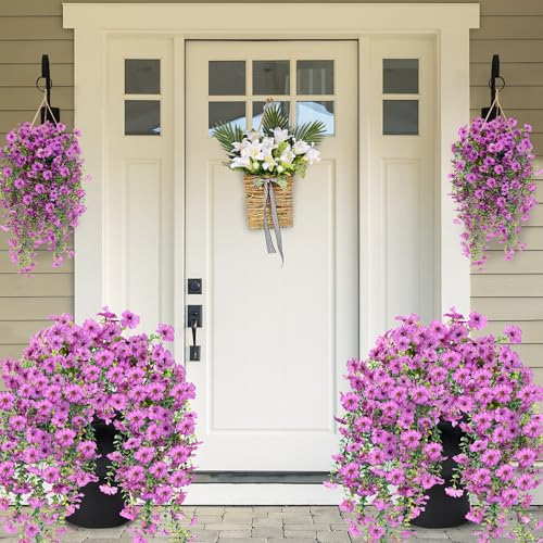 Sggvecsy Artificial Fake Hanging Flowers Plants for Outdoor Outside Spring Summer Decoration 2PCS Faux Silk UV Resistant Realistic Mums Daisy with Eucalyptus for Home Porch Patio Balcony(Magenta) - color: Magenta