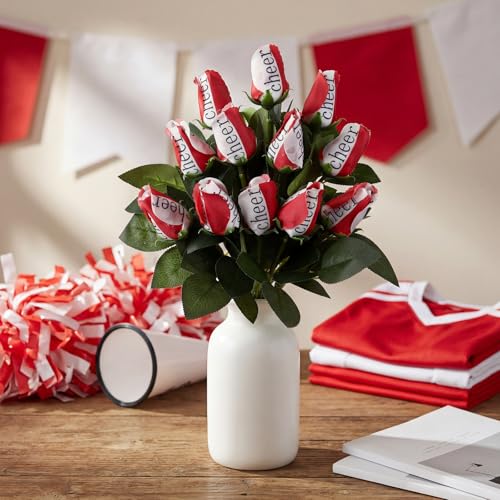 Suhine 12 Pcs Red Cheer Gifts Cheerleader Cheerleading Artificial Rose Flowers Gifts Bulk for Women Cheer Team Sport Game Day Birthday Graduation Party Decorations Favors (Red White, Normal) - color: Red White, size: Normal