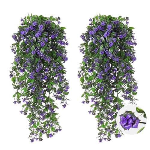 RECUTMS 2Pcs Artificial Hanging Flowers for Outdoor Decoration Fake Hanging Plants Faux Purple Flowers Artificial UV Resistant Plastic Greenery Vines Ivy for Outdoor Indoor Garden Party Decor（Purple） - color: Purple-rose