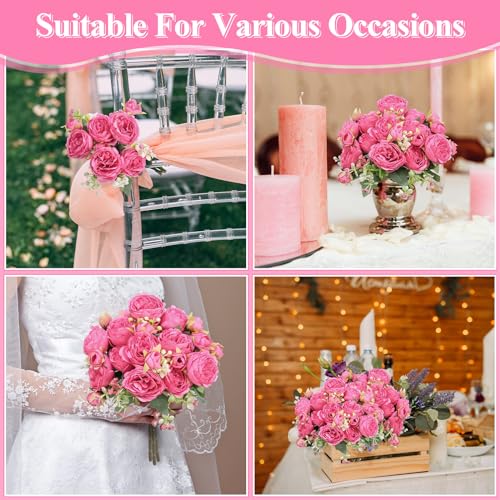 Crowye 4 Bundles Peonies Artificial Flowers Silk Faux Peonies Wedding Artificial Flower Bouquet for Table Centerpiece for Home Wedding Decor Bridal Floral Arrangement(Hot Pink) - color: Hot Pink