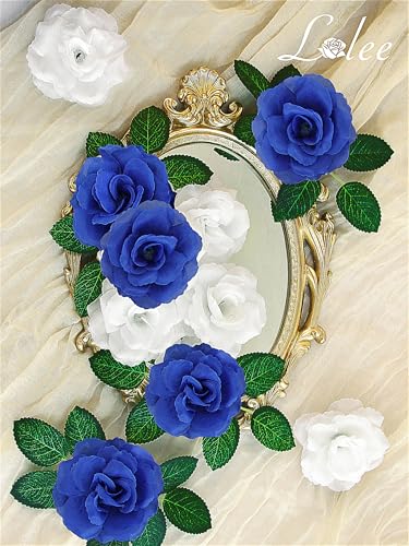 108pcs Roses Head Flowers with Stem - Blue & White Artificial Flowers Rose Bulk - Silk Royal Blue Rose Fake Flower for Wedding Bouquet Party Home Decor DIY Baby Shower Centerpieces Tables Decoration - color: Blue-white