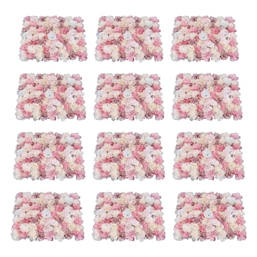 12 Pcs Artificial Flower Wall Panels, 24"x16" 3D Pink Silk Dahlia Hydrangea Rose Flowers Wall Backdrop Artificial Silk Fabric Flower Banquet Wedding Party Decor for Stage Background (Type 1) - color: Type 1