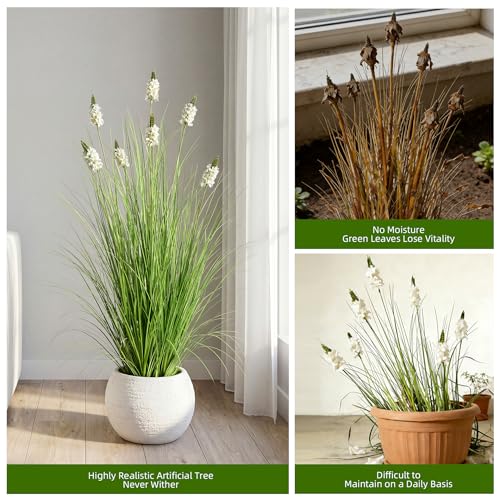 Artificial Plants Indoor Tall Grass Plants with Hyacinth Flower 47.2In Tall Artificial Ornamental Grass Green Onions Outdoor Fake Plants with Black Pot Home Office Decorative (1 Pack,White) - color: 1.2m White1