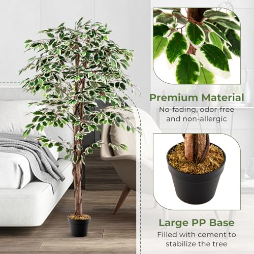 Goplus Artificial Ficus Tree, 5.5ft Tall Lush Faux Tree for Home Decor Indoor with 1008 Leaves, Sturdy Nursery Pot, Decorative Fake Ficus Tree Artificial Plants for Office, Living Room, Porch
