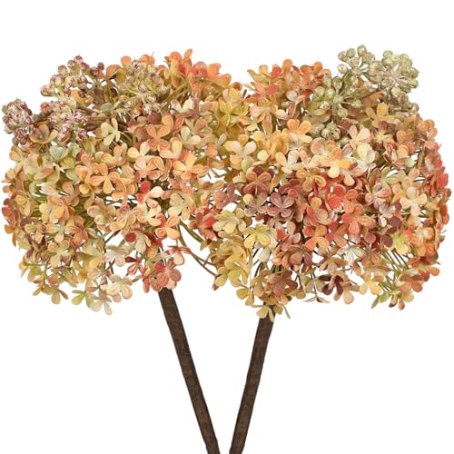 2 Pcs Hydrangea Artificial Flowers Bouquets for Fall Tabletop Decor, 11" Silk Fake Blooms Stems with Flower Seeds for Autumn Floral Arrangements Centerpiece, Faux Flowers for Vase & Shelf, Light Red - color: Light Red