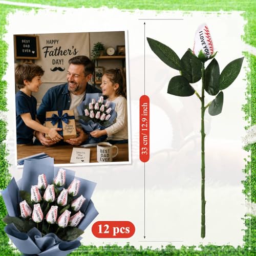 Suhine 12 Pcs Artificial Baseball Rose Flower Gifts for Father's Day Flower Coach Boyfriend Boyfriend Sports Party Favors Bulk for Birthday Wedding Party Centerpieces(Love Color, Normal) - color: Love Color, size: Normal