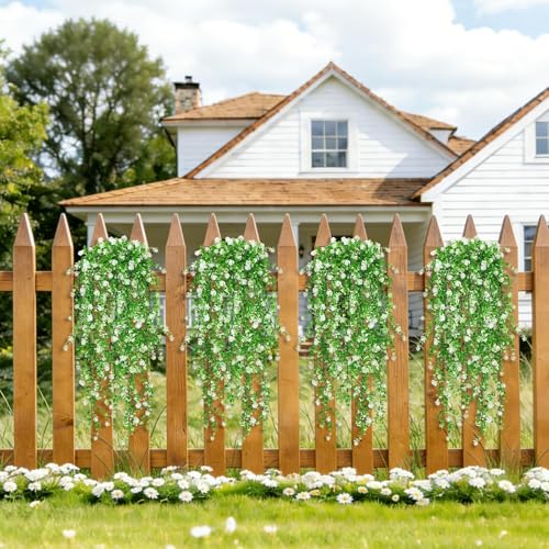 12 Pcs Artificial Hanging Flowers White Hanging Plants Fake Trailing Plant for Outdoor Faux Eucalyptus Greenery Realistic UV Resistant Wall Garden Front Porch Home Indoor Decor - color: White-12pcs