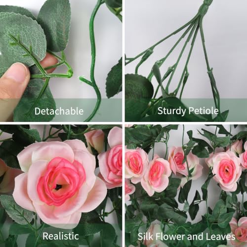 RECUTMS Artificial Hanging Rose Flower Plants, 4 PCS 37 Inches Light Pink Fake Floral Ivy Garland with 30 LED Fairy String Lights for Home Garden Wedding Bridal Shower Derby Party Indoor Outdoor Decor - color: Light Pink, size: 4pcs light
