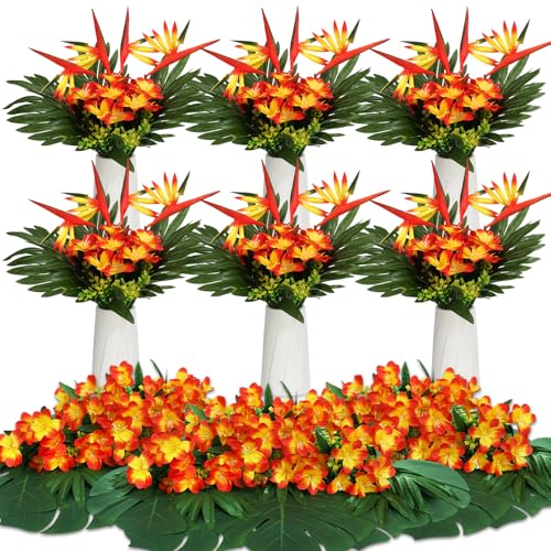 Hotop 4 Set/ 16 Pcs Artificial Tropical Flower Bouquets Bulk for Hawaii Centerpieces Bird of Paradise Lily Bouquet Permanent Flower Tropical Plant Party Office Home Decor (Sunset Red) - color: Sunset Red