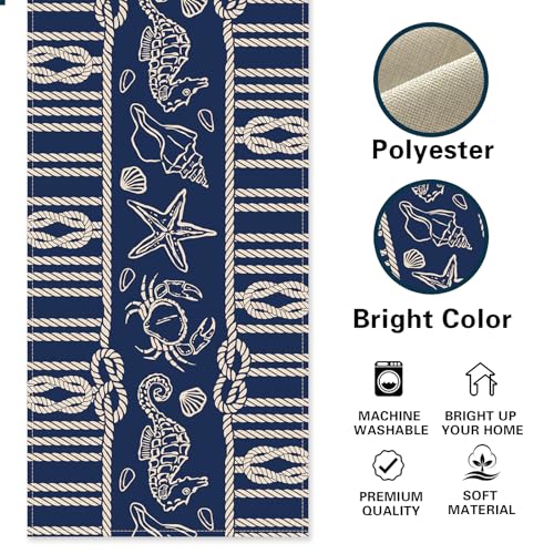 Navy Blue Nautical Dining Table Runner, Coastal Beach Ropes Starfish Crab Seahorse Conch Shell Burlap Kitchen Decoration, Ocean Marine Life Indoor Outdoor Home Decor Party Supply 13 x 48 Inches - color: Navy Blue Nautical, size: Table Runner 13''X48''
