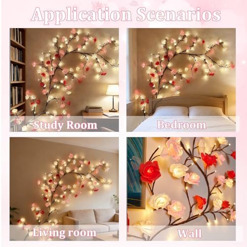 Rose LED Tree Branch Lights for Wall,Rose Blossom Vine Lights with 96 LED Flower String Lights and USB Powered, 8 Lighting Modes for Indoor Bedroom Window Wedding Valentine's Day Decor (75in) - size: 75in, style: Rose