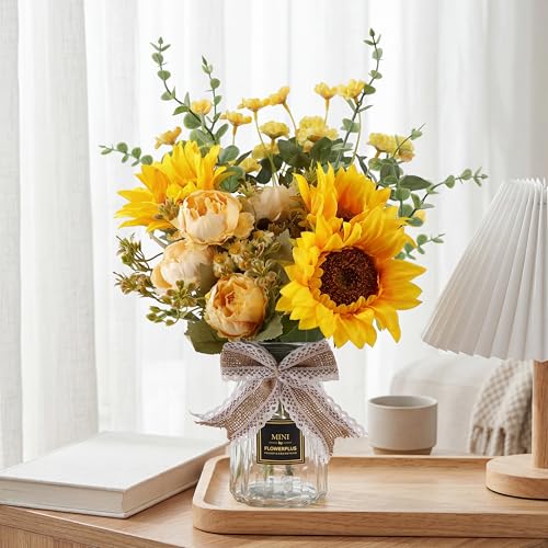 CEWOR Fake Flowers in Vase, Artificial Flowers with Vase Faux Silk Floral Arrangement Table Centerpieces Decor for Home Office Dining Farmhouse Coffee Table Living Room Bathroom Plant Decor(Yellow) - color: Yellow