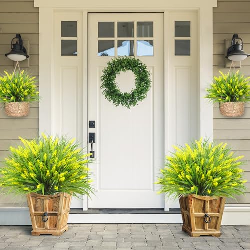 Sggvecsy 24 Bundles Artificial Plants Outdoor Faux Lavender Flowers Fake Monkey Grass UV Resistant Plastic Greenery Plants for Garden Home Porch Window Patio Hanging Planter Indoor Decor (Yellow) - color: Yellow, size: 24pcs