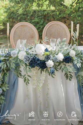 Ling's moment 9FT Spring Flower Garland- Wedding Arch Flowers for Backdrop Decoration, Eucalyptus & Rose, Artificial Floral Garland for Mantle - Sweetheart Head Table Decor for Reception, Dusty Blue - color: Blu-dusty Blue & Navy