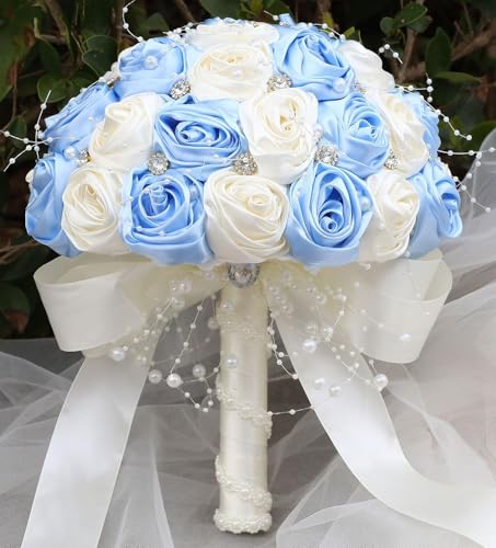 Ujicde Romantic Wedding Bouquet Bridal Bridesmaid Round Bling Brooch Bouquet Throw Toss Artificial Rose Flower Bunch with Sparkle Rhinestone Crystal Decoration(Light Blue+Ivory,Dia. 6.3"*16cm) - color: Light Blue+ivory, size: Dia. 6.3"*16cm