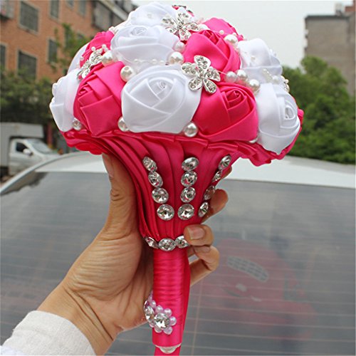 S_SSOY Wedding Bouquet Bride Bridal Brooch Bouquets Bridesmaid Bouquet Diamond Pearl Ribbon Valentine's Day Confession Party Church with Free Corsage Flower, Rose+White - color: Rose+white