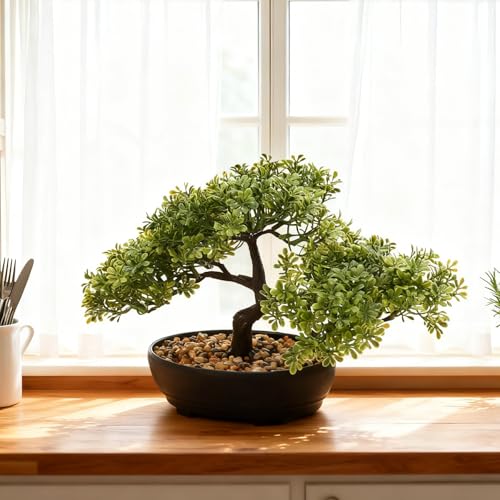 ALAGIRLS Artificial Bonsai Tree, Fake Juniper Plants Indoor Small Fake Bonsai Tree Indoor with Pot and Pebbles Artificial Bonsai Tree Indoor for Desk Home Office Bathroom Shelf Decorations