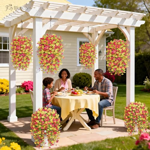 Artificial Hanging Flowers for Outdoors Spring Summer Decoration, 8PCS UV Resistant Silk Fake Hanging Plants for Patio Porch Front Yard Window Garden Indoor Decor(Hot Pink&Yellow,8PCS) - color: Hot Pink&yellow, size: 8PCS