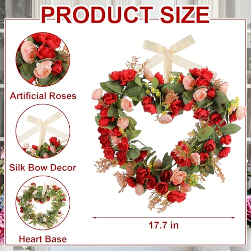 Suncalla 17.7 Inches Heart Rose Wreath Pink Floral Valentine Wreath with Ribbons Artificial Rose Wreaths for Christmas Party Gifts Front Door Valentine's Day Wedding Decoration - style: Roses
