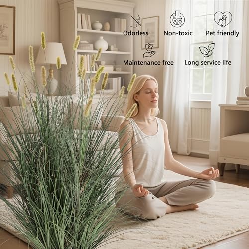 3ft Onion Grass Set of 2, Artificial Plant and Greenery, Fake Floor Plants Indoor Outdoor, Potted Faux Green Bristlegrass with Spikes, Large Size Horsetail Reed Grass, House Decorative - color: Yellow, size: 3ft - 2pack