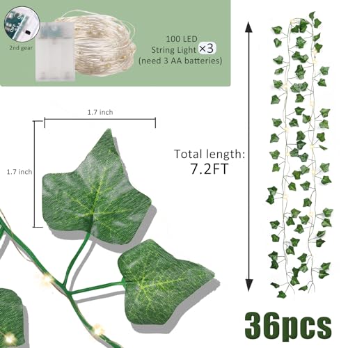 RECUTMS Artificial Ivy Vines 250 FT with 300 LED String Light Leaf Garland Fake Hanging Plants for Long Leaves Greenery Room Garden Office Wedding Wall Shower Patio Outdoor Indoor Decor (36 Pack) - color: Green-36 Light