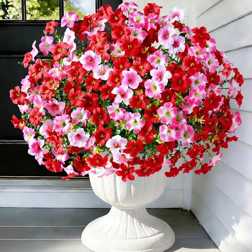 Artificial Flowers for Outdoors, 12 Bundles Mixed Color Artificial Petunias Fake Flowers for Outside, UV Resistant Realistic Silk Flowers for Decorations, Outdoor Faux Flowers Plants for Garden Porch - color: Mixed Red, size: 12 Pack