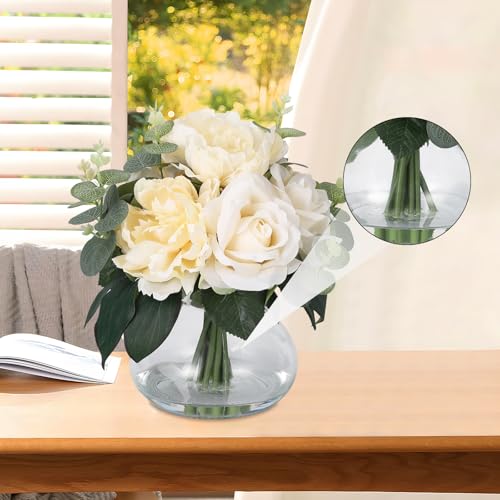 Lifelike Artificial Flower Arrangements with 4 Roses + 4 Peonies in Glass Vase with Faux Water for Wedding & Home Table Centerpieces - color: Peony & Rose With Faux Water, size: Champagne