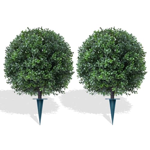 Artificial Boxwood Topiary Trees with Ground Spike,2 Pieces Fake Pine Shrubs Bushes, UV Resistant Faux Evergreen Cypress Tree Plants for Indoor Outdoor Planters Front Porch - color: Boxwood Ball