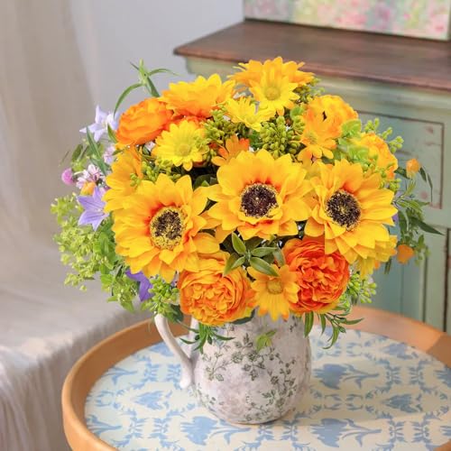Artificial Flowers for Decoration, 3Pcs Fake Sunflower with Peonies Artificial Flowers Bouquet Silk Flowers for Home Wedding Party Table Centerpieces Vase Decor Indoor Floral Displays (Yellow) - color: Yellow