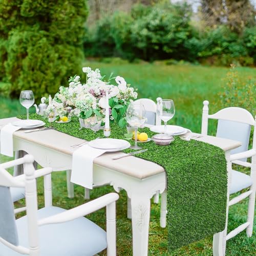 TURSTIN Artificial Grass Table Runners 12 x 120 Inch Green Grass Tabletop Synthetic Grass Carpet Rug Table Decorations for Spring Summer, Wedding, Birthday Party Decor - size: 12 x 120 Inches