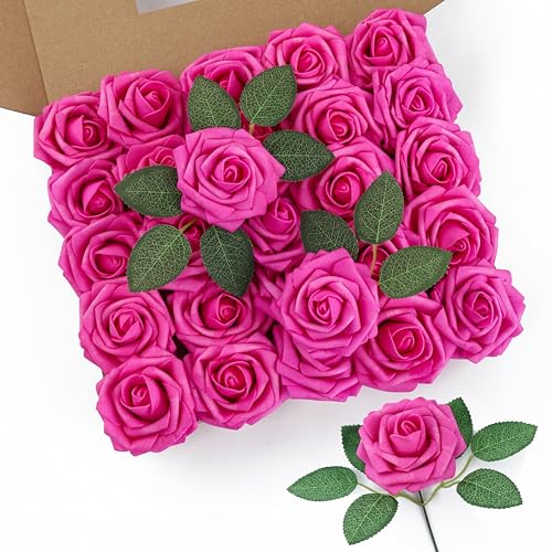 DuHouse 50Pcs Artificial Roses Flowers Fake Roses with Stems Real Touch Foam Flowers for DIY Wedding Bouquet Party Centerpiece Floral Arrangement Party Home Decor(Hot Pink) - color: Hot Pink, size: 50pcs