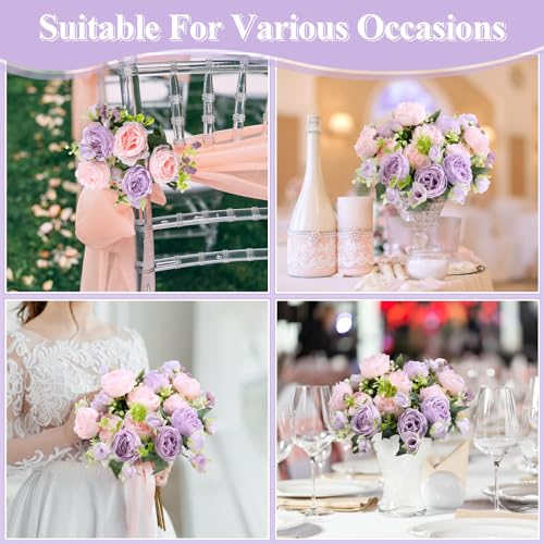 Crowye 4 Bundles Peonies Artificial Flowers Silk Faux Peonies Wedding Artificial Flower Bouquet for Table Centerpiece for Home Wedding Decor Bridal Floral Arrangement(Pink Purple) - color: Pink Purple