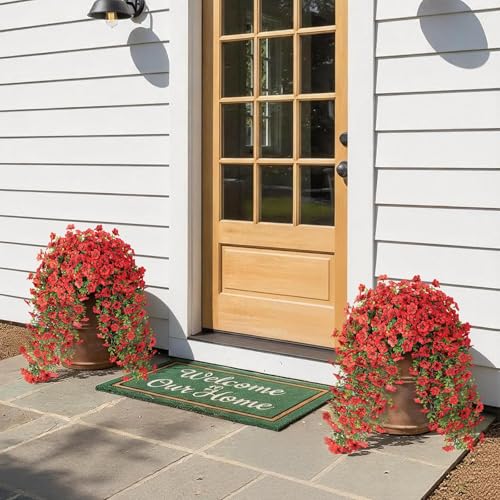 VIERENA 4 Bundles Artificial Hanging Morning Glory Flowers for Outdoor, Realistic Hanging Flowers Silk Fake Morning Glory with Faux Eucalyptus for Yard Garden Porch Patio Balcony Home Decor (Red) - color: Red