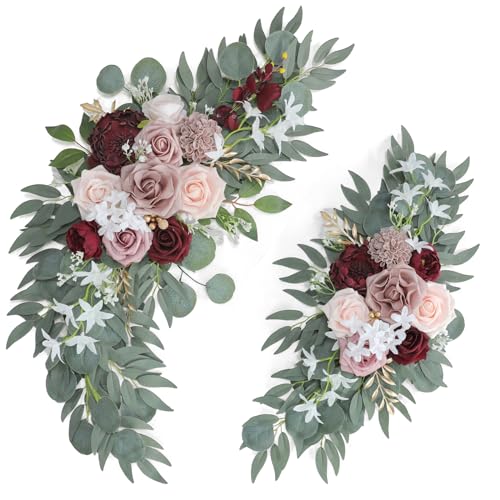 Ponatia Wedding Arch - Artificial Burgundy & Dusty Rose & Blush Flowers (Pack of 2) for Wedding Welcome Signs, Ceremony & Reception - color: Burgundy & Dusty Rose & Blush