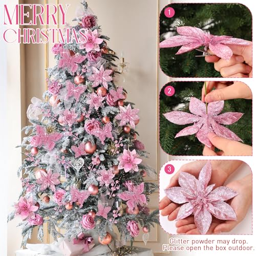 Thiccywoov 122 Pcs Christmas Glitter Poinsettia Artificial Flowers Berry Picks Butterfly Christmas Tree Ornaments 3 Styles Poinsettia kit with Clip for Xmas Wreath Home Tree Decor(Pink) - color: Pink