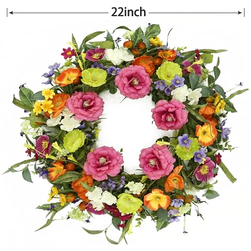 Artificial Spring Summer Wreaths for Front Door 22'' Peony Wreath Colorful Floral Wreath with Peony,Daisy,Poppy Flower Lavender for Indoor Outdoor Farmhouse Home Wall Window Festival Decoration