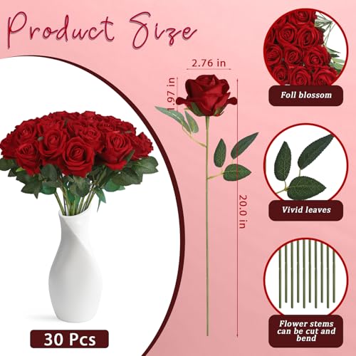30pcs Fake Roses Artificial Silk Flowers Long Stems Bouquet for Wedding Bridal Shower Party Home Decoration (Burgundy) - color: Burgundy